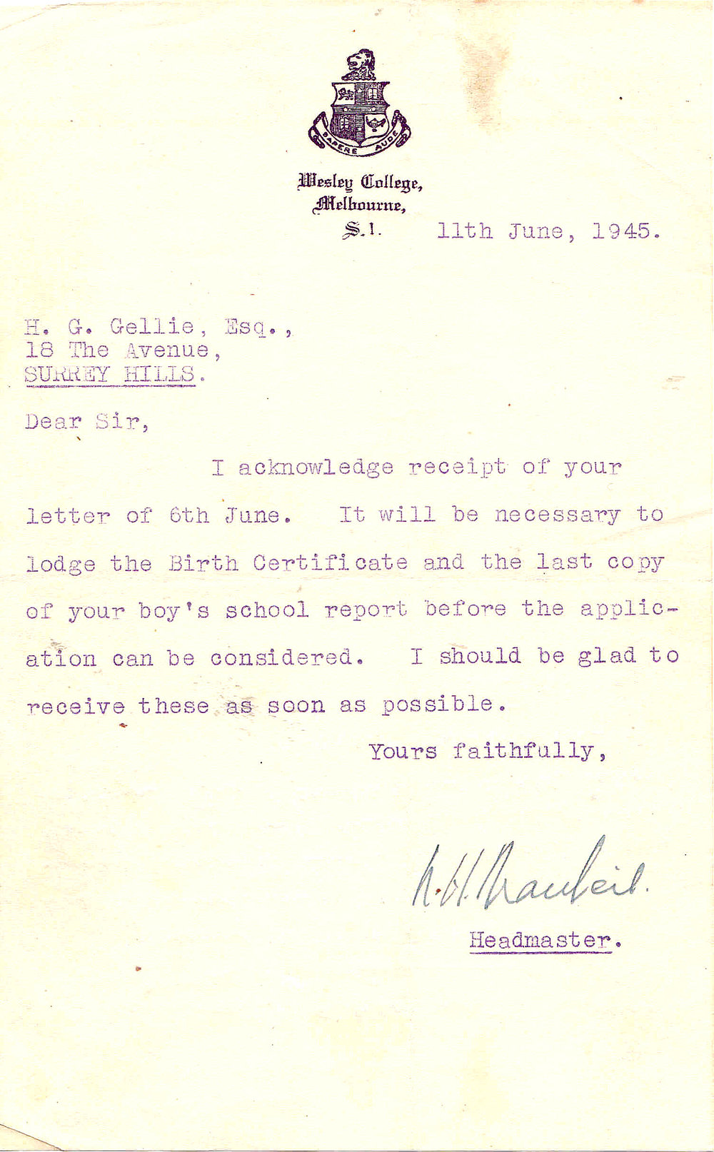 MacNeil's Enrolment Letter