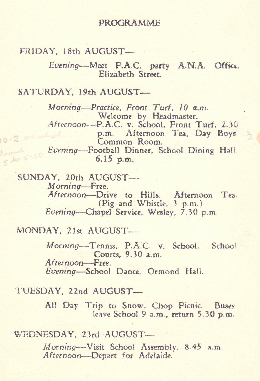 Prince Alfred College Visit - Program