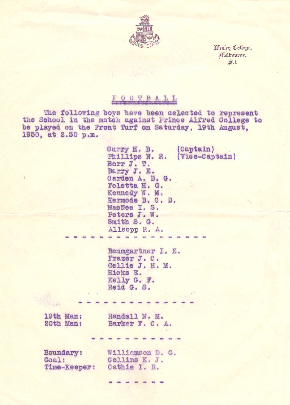 Selection Wesley Football Team - v. Prince Alfred College
