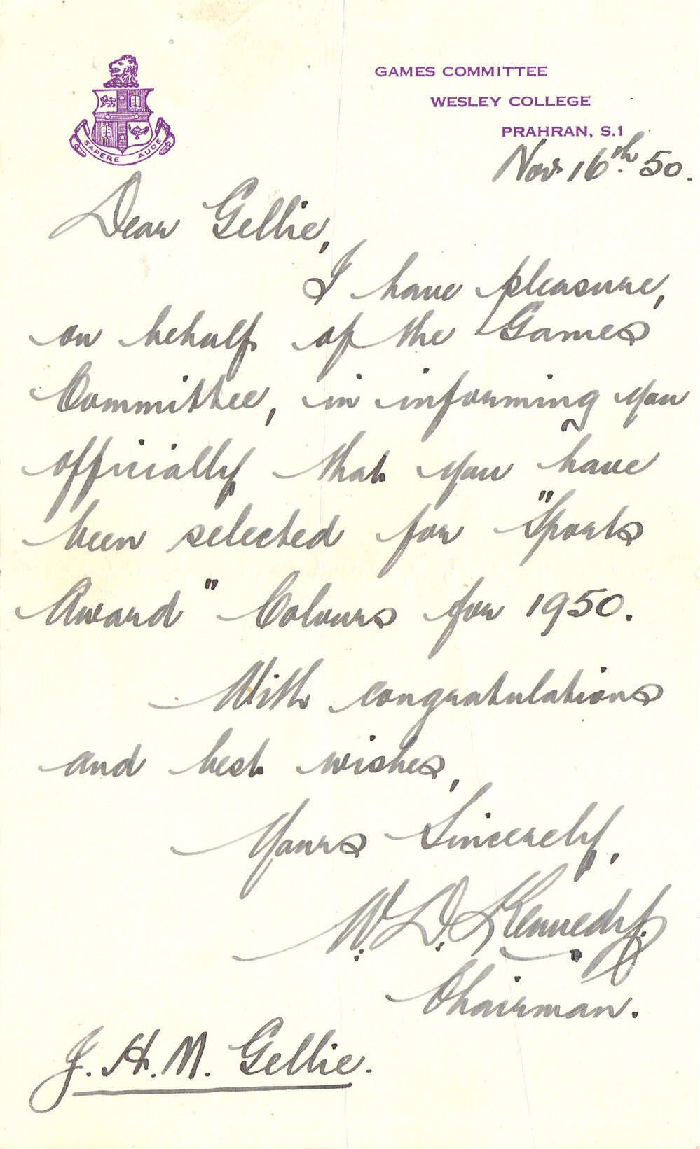 Sports Award Colours - J.Gellie