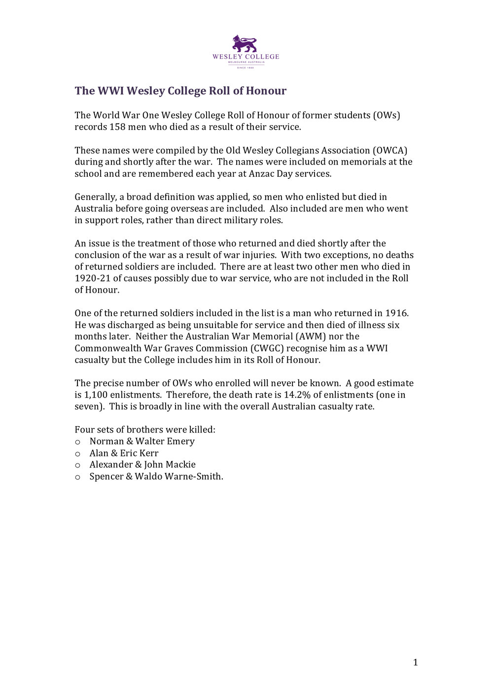 World War I statistics of Old Collegians who died