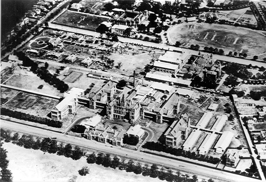 Aerial view of Wesley College, School for the Blind and the Alfred Hospital 1928