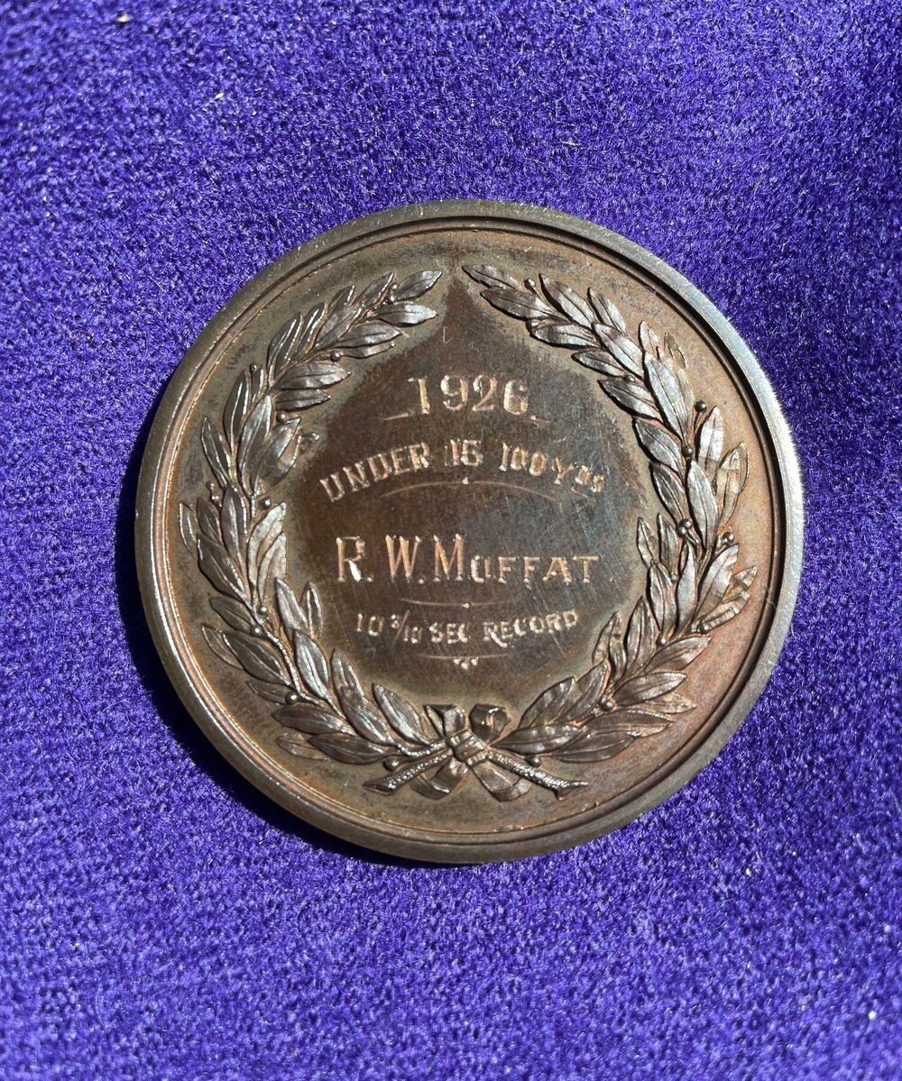 Moffat RW Under 15 100 yards record 1926 medal