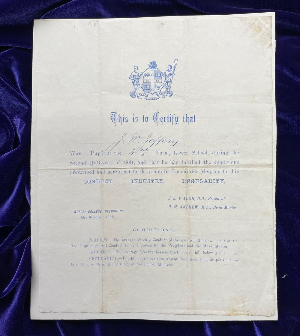 Good conduct certificate 1881 Jeffrey, JW