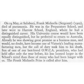 Leaving Book Award - Frank Michaelis - Citation