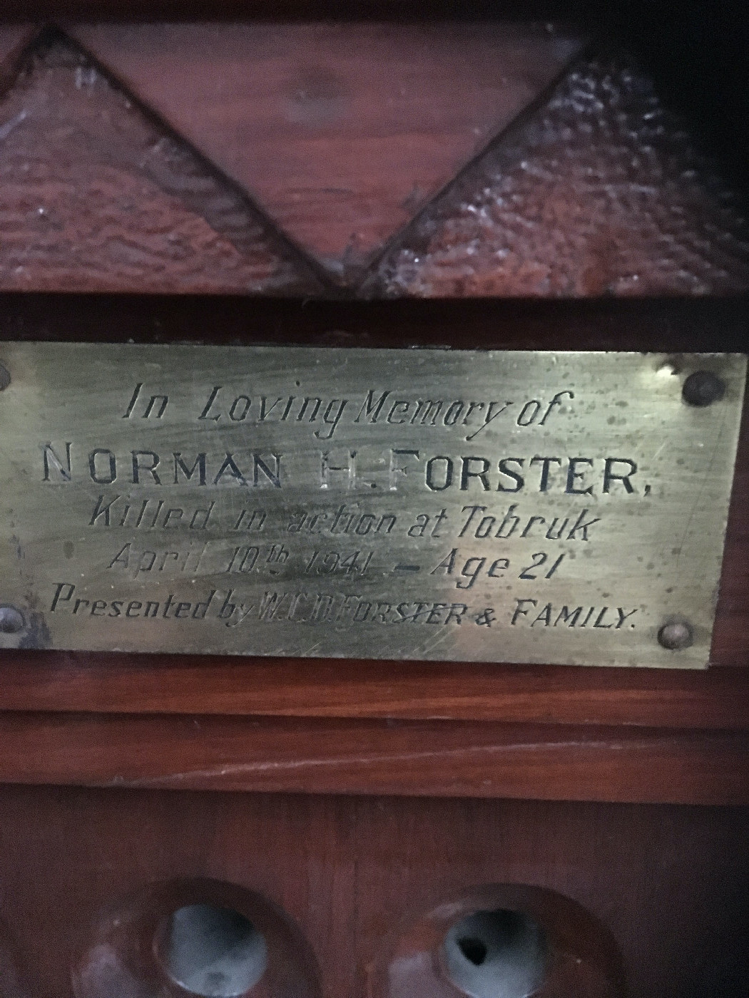 Plate on memorial lectern donated to the School